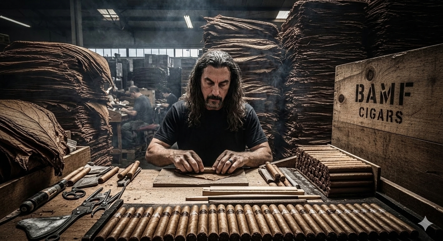 A roller at the BAMF Cigars factory surrounded by tobacco bales